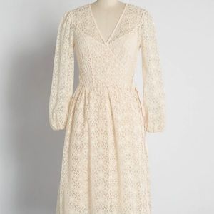 ModCloth Magic In The Air Floral Lace Wrap Dress with Long Puff Sleeves